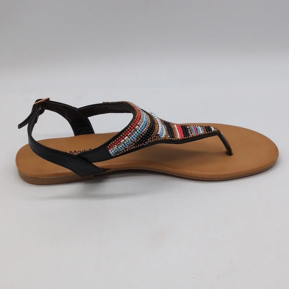 Top Moda Shoes Womens HW-7 Black 7 Beaded Thong Sandals Buckle Strap Flat NEW